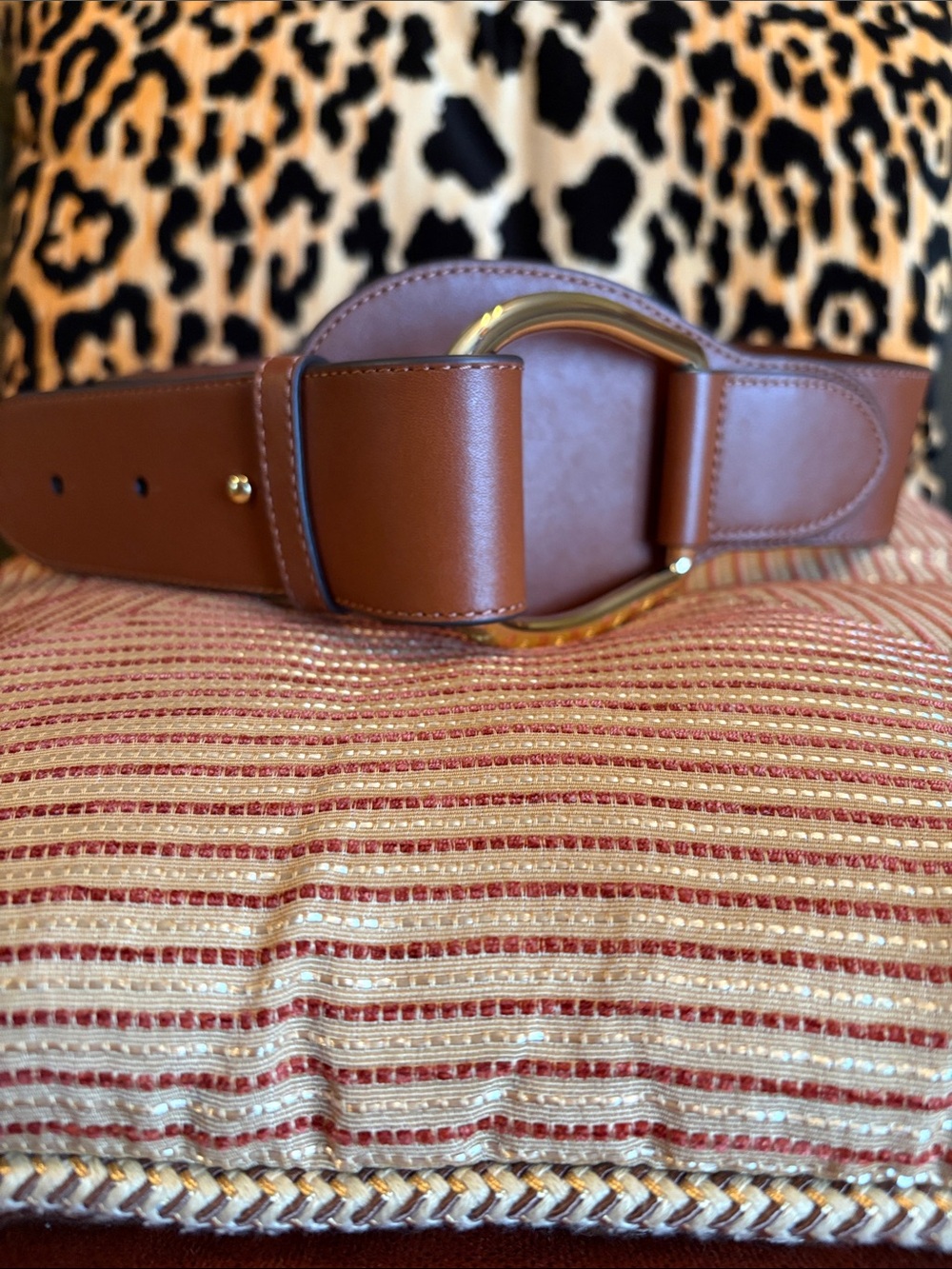 Lauren Ralph Lauren Tobacco-Brown Leather Waist Belt with Gold Ring Buckle